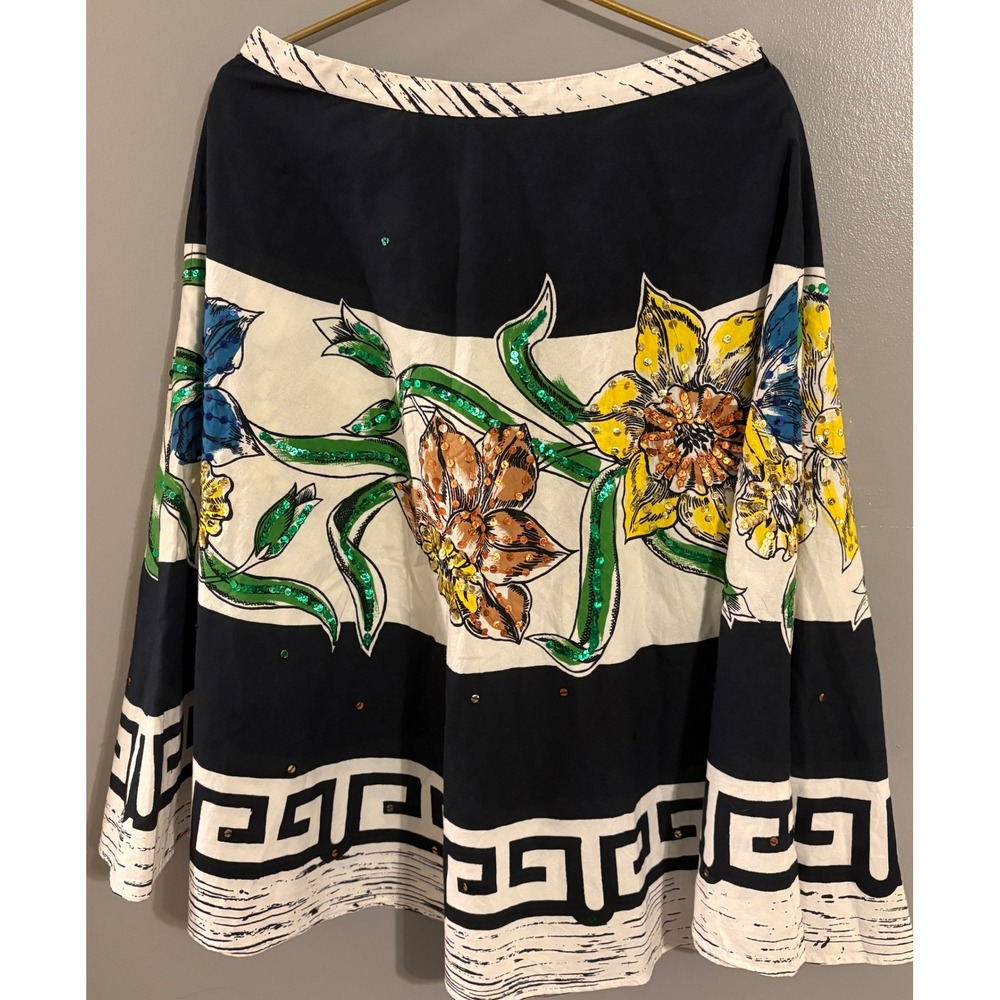 Bernardo Floral Sequin Cotton Midi Skirt Black White Greek Key Border Size 14